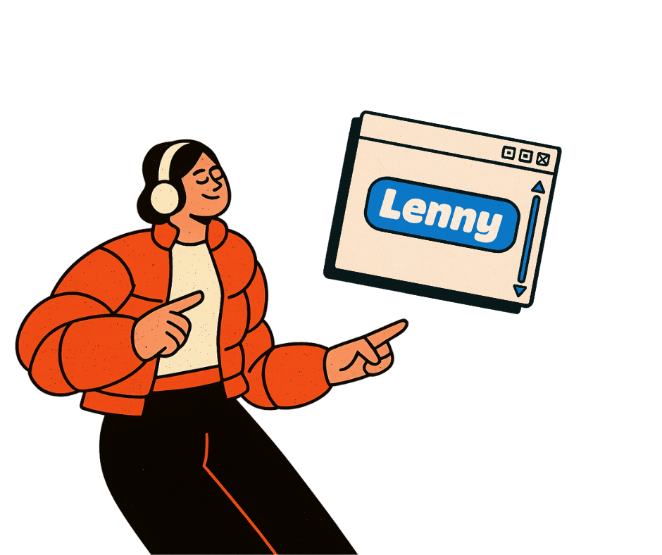 Cartoon illustration of happy person listening with headphones pointing to Lenny website.