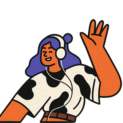 Cartoon illustration of happy person listening with headphones.